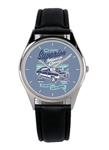 KIESENBERG Armbanduhr Muscle Car Retro Geschenk Artikel Idee Fan Damen Herren Unisex Analog Quartz Lederarmband Uhr 36mm Durchmesser B-21285 von KIESENBERG