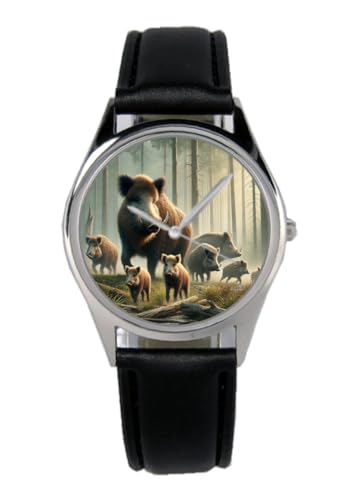 KIESENBERG Armbanduhr Wildschwein Rotte Geschenk Artikel Idee Fan Damen Herren Unisex Analog Quartz Lederarmband Uhr 36mm Durchmesser B-2025014 von KIESENBERG