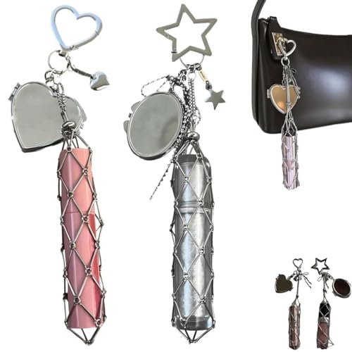 Chic Lip Gloss Hold mit Spiegel, 2 in 1 Edelstahllippenstifthalter, kleine Bling -Kristall -Lippenstifte für Geldbeutel für Geldbörse, Keychain Lipgloss mit Anhängernetzbeutel (2pcs-C) von KIEYIQE