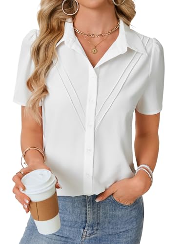 KIFOVEN Damen Button Down Kurzarm Shirt Casual Sommerkleid Hemd Kragen V-Ausschnitt Arbeit Business Button Up Bluse Top, Weiss/opulenter Garten, X-Klein von KIFOVEN