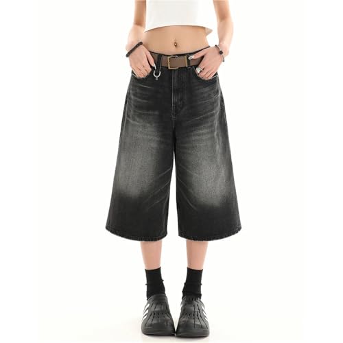 KIHFSODN Baggy Jorts Damen Jeansshorts Mittelhoher Schnitt Weites Bein Denim Lange Jorts Y2k Sommer Distressed Loose Fit Bermudashorts(Black,XL) von KIHFSODN