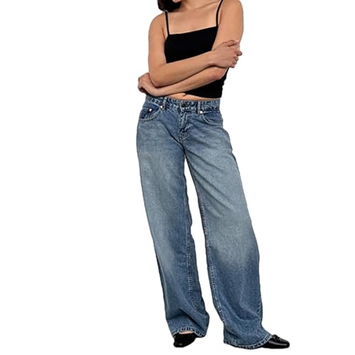 KIHFSODN Damen Baggy Jeans Y2K Style Straight Leg Niedrige Taille Stretchy, Loose Denim Hose als lässige Freizeithose Streetwear von KIHFSODN
