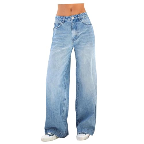 KIHFSODN Jeans Damen High Waist mit Taschen Jeanshose Baggy Straight Leg Jeans Stretch Casual Wide Jeans Mode Vintage Denim Damenhose Streetwear Weites bein Damenjeans(M) von KIHFSODN
