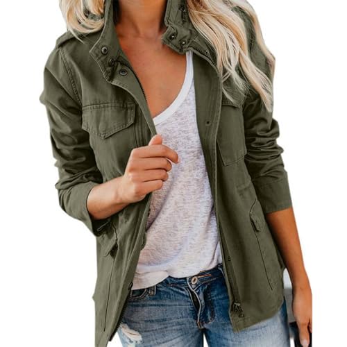 KIHFSODN Kurze Militär-Safarijacke für Damen Button-Down Leichter Übergroßer Utility-Anorak-Mantel mit Taschen(Green,M) von KIHFSODN