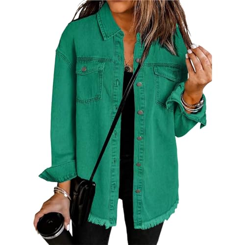 KIHFSODN Übergroße Jeansjacke für Damen Leicht mit Knopfleiste Lange Jeansjacke Lässiger Boyfriend Distressed Jackenmantel(Dark green,M) von KIHFSODN