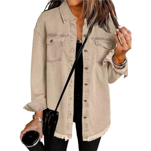 KIHFSODN Übergroße Jeansjacke für Damen Leicht mit Knopfleiste Lange Jeansjacke Lässiger Boyfriend Distressed Jackenmantel(Khaki,XL) von KIHFSODN