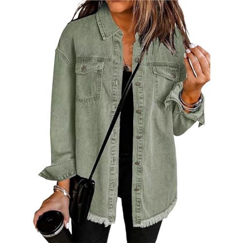 KIHFSODN Übergroße Jeansjacke für Damen Leicht mit Knopfleiste Lange Jeansjacke Lässiger Boyfriend Distressed Jackenmantel(Light green,XXL) von KIHFSODN