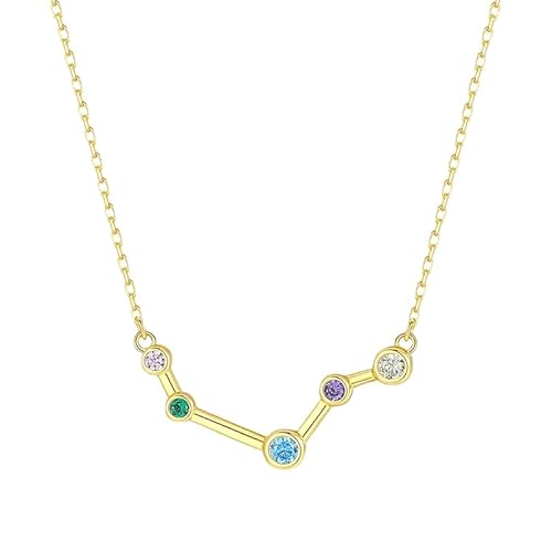 KIJSKKOPO Astrologie-Halskette Aus 925Er Sterlingsilber, Vergoldet, Mit Eingelegtem Runden Farbigen Zirkonia, 12 Sternbild-Anhänger, Verstellbare Halskette, Schmuck, Geschenke für Frauen Und Mädc von KIJSKKOPO