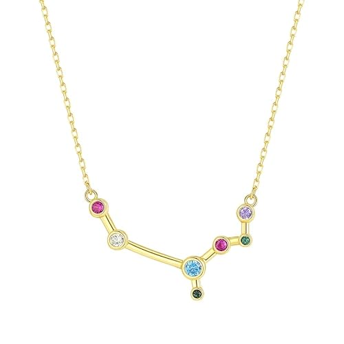 KIJSKKOPO Astrologie-Halskette Aus 925Er Sterlingsilber, Vergoldet, Mit Eingelegtem Runden Farbigen Zirkonia, 12 Sternbild-Anhänger, Verstellbare Halskette, Schmuck, Geschenke für Frauen Und Mädc von KIJSKKOPO