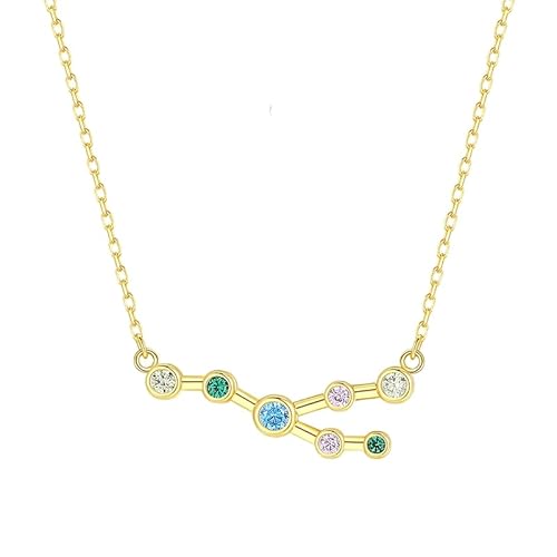 KIJSKKOPO Astrologie-Halskette Aus 925Er Sterlingsilber, Vergoldet, Mit Eingelegtem Runden Farbigen Zirkonia, Anhänger Mit 12 Sternbildern, Verstellbare Halskette, Schmuck, Geschenke für Frauen Un von KIJSKKOPO