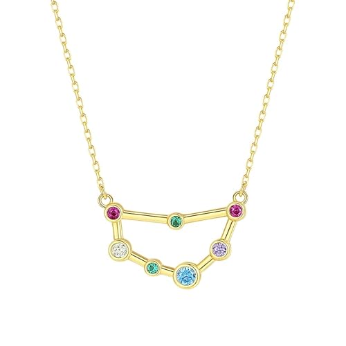 KIJSKKOPO Astrologie-Halskette Aus 925Er Sterlingsilber, Vergoldet, Mit Eingelegtem Runden Farbigen Zirkonia, Anhänger Mit 12 Sternbildern, Verstellbare Halskette, Schmuck, Geschenke für Frauen Un von KIJSKKOPO