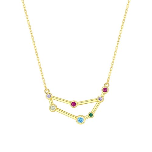 KIJSKKOPO Astrologie-Halskette Aus 925Er Sterlingsilber, Vergoldet, Mit Eingelegtem Runden Farbigen Zirkonia, Anhänger Mit 12 Sternbildern, Verstellbare Halskette, Schmuck, Geschenke für Frauen Un von KIJSKKOPO
