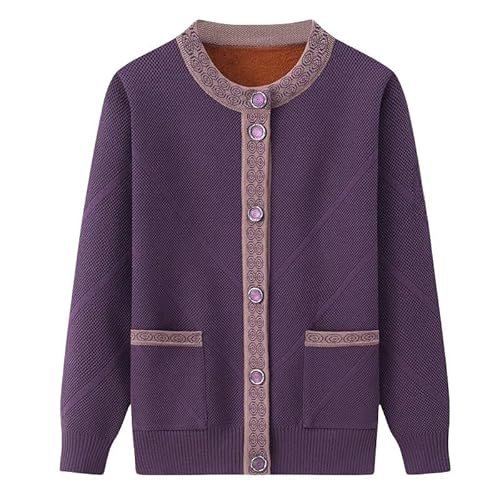KIJSKKOPO Cardigan Damen,Damen Winter Strickjacken Fleece Gefüttert Senioren Strickpullover, Grün Langarm Rundhalsausschnitt Knopfleiste Streifen Strickmantel Tops Alte Dame Oma Locker Warme Jacke von KIJSKKOPO