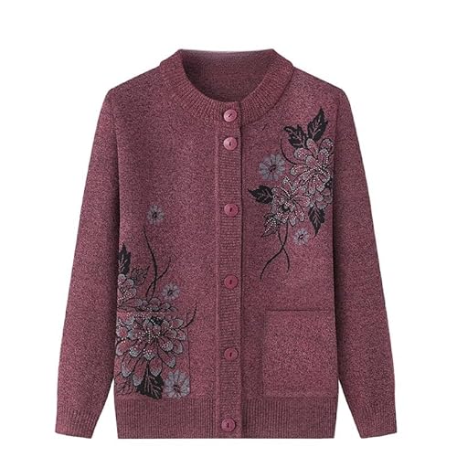 KIJSKKOPO Cardigan Damen,Strickjacken für Ältere Menschen Mittleren Alters Und Senioren, Grüner Rundhalsausschnitt, Knopf, Pfingstrosenblüte, Jacquard Strickpullovermantel Mit Tasche, Alte Dame, von KIJSKKOPO