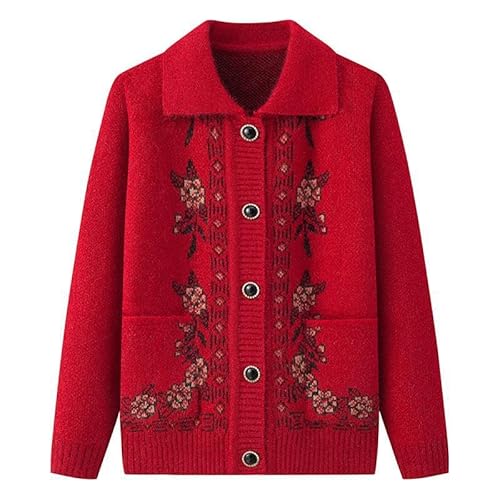 KIJSKKOPO Cardigan Damen,Strickjacken für Ältere Und Mittelalte Menschen, Khaki Revers, Knopf Blumen Jacquard Strickpullovermantel Mit Tasche, Lässige Warme Strickoberbekleidung für Alte Damen von KIJSKKOPO