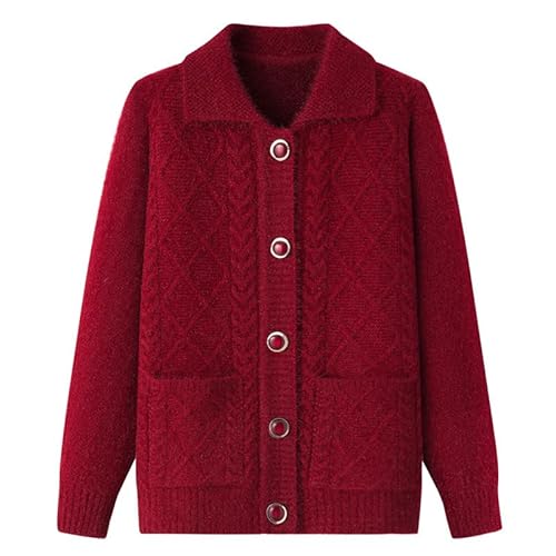 KIJSKKOPO Cardigan Damen,Strickjacken für Ältere Und Mittlere Altersgruppen, Blauer Reversknopf Rautenförmige Twist Streifen Strickpullovermantel Mit Tasche Alte Dame Oma Lässig Warme Strickober von KIJSKKOPO