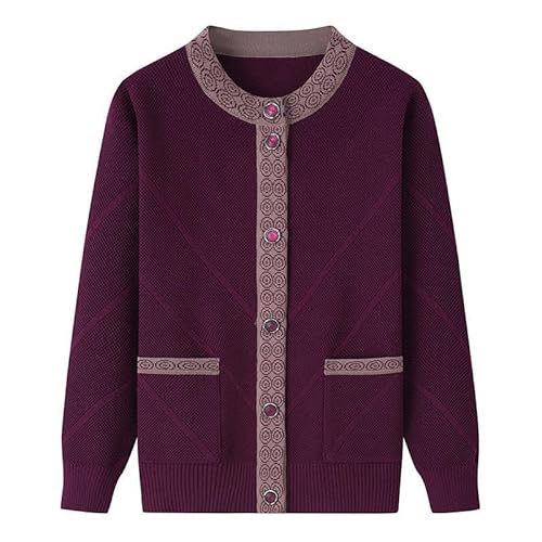 KIJSKKOPO Cardigan Damen,Strickjackenpullover für Ältere Und Mittlere Altersgruppen, Lila, Langärmelig, Rundhalsausschnitt, Knopfleiste, Gestreifter Strickmantel, Oberteile Mit Tasche, Lockere Wa von KIJSKKOPO
