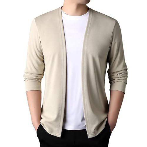 KIJSKKOPO Cardigan Herren,Herren Langarm Strickjacken Beige Offene Vorderseite Kragenlose Strickjacke Kimono Jacken Frühling Herbst Casual Slim Fit Leichte Übergangsmantel Oberteile Beige S von KIJSKKOPO