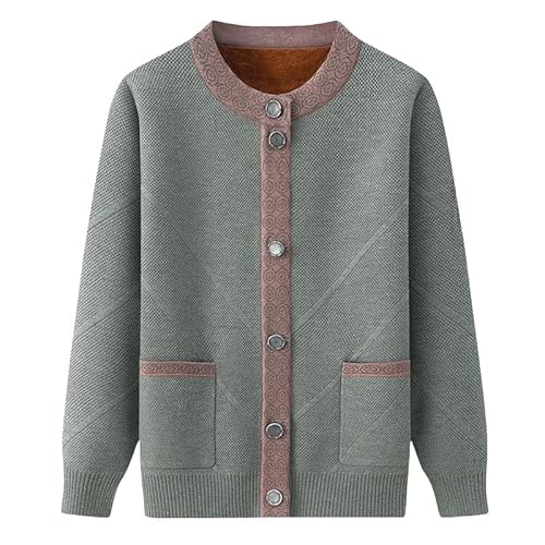 KIJSKKOPO Damen Cardigan,Damen Winter Strickjacken Fleece Gefüttert Senioren Strickpullover, Grün Langarm Rundhalsausschnitt Knopfleiste Streifen Strickmantel Tops Alte Dame Oma Lockere Warme Jack von KIJSKKOPO