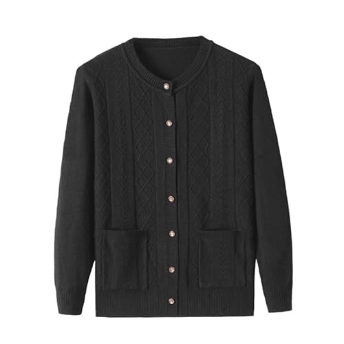 KIJSKKOPO Damen Cardigan,Dünne Strickjacke für Ältere Menschen Mittleren Alters Und Senioren, Schwarzer Rundhalsausschnitt Mit Knopfleiste, Strickmantel Mit Rautengitter-Twist-Streifen, Kurze STR von KIJSKKOPO