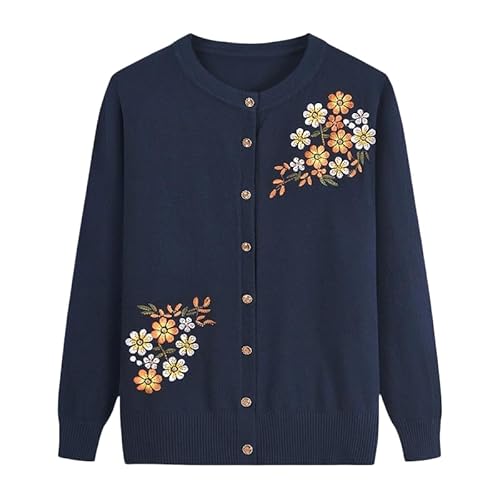 KIJSKKOPO Damen Cardigan,Dünne Strickjacken für Ältere Menschen Mittleren Alters Und Senioren, Schwarzer Rundhalsausschnitt Mit Knopfleiste, Strickmantel Mit Blumen- Und Blattstickerei, Kurze STR von KIJSKKOPO