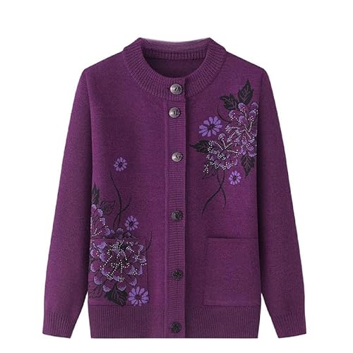 KIJSKKOPO Damen Cardigan,Strickjacken für Ältere Menschen Mittleren Alters Und Senioren, Grüner Rundhalsausschnitt, Knopf, Pfingstrosenblume, Jacquard Strickpullovermantel Mit Tasche, Alte Dame, von KIJSKKOPO