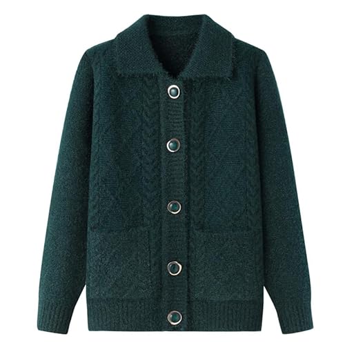 KIJSKKOPO Damen Cardigan,Strickjacken für Senioren Mittleren Und Hohen Alters, Blauer Reversknopf, Rautenförmige Twist Streifen, Strickpullovermantel Mit Tasche, Lässige Warme Strickoberbekleidun von KIJSKKOPO