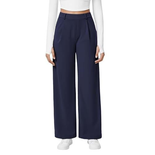 KIJSKKOPO Damen Casual Straight Leg Hose High Waist Stretchhose, Schwarz Uni Seitentaschen Weite Hose Casual Alltagshose Ausgehhose Arbeit Büro Loungehose Marineblau S von KIJSKKOPO