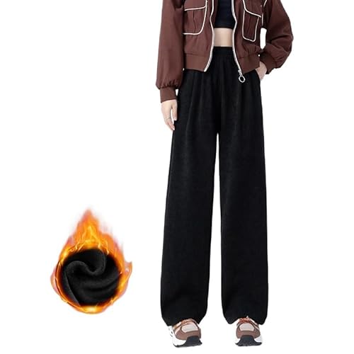 KIJSKKOPO Damen-Jogginghose Mit Fleecefutter, Weite Baggy-Hose Mit Geradem Bein, Schwarze, Elastische Hohe Taille, Seitentaschen, Lockere Hose Mit Weitem Bein, Warme, Bequeme Winterhose Zum Radfahre von KIJSKKOPO