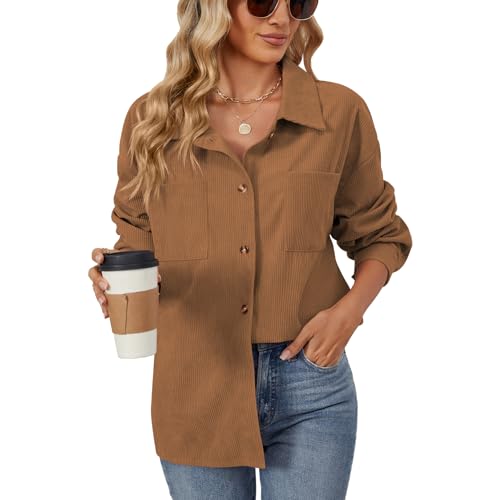 KIJSKKOPO Damen Langarm Cordhemd, Braun Klassische Reversknopf Strickjacke Jacke Mit Tasche Herbst Winter Lässige Lockere Boyfriendbluse Tägliche Arbeitsoberteile Braun S von KIJSKKOPO