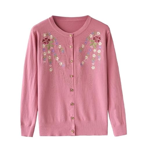 KIJSKKOPO Damen Strickjacke,Strickjacke für Ältere Menschen Mittleren Alters Und Senioren, Rot, Langärmelig, Rundhalsausschnitt, Blumenstickerei Mit Strasssteinen, Dünner Strickmantel, Alte Dame von KIJSKKOPO