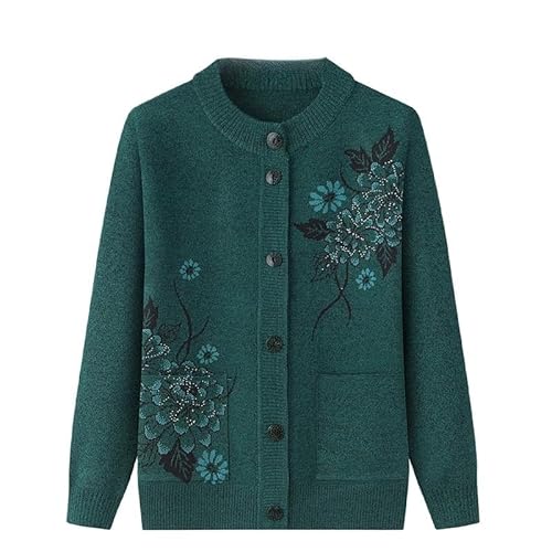 KIJSKKOPO Damen Strickjacke,Strickjacken für Ältere Menschen Mittleren Alters Und Senioren, Grüner Rundhalsausschnitt, Knopf, Pfingstrosenblüte, Jacquard Strickpullovermantel Mit Tasche, Alte Da von KIJSKKOPO