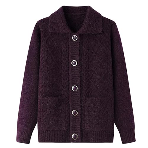 KIJSKKOPO Damen Strickjacke,Strickjacken für Ältere Menschen Mittleren Und Hohen Alters, Blauer Reversknopf, Rautenförmige Twist Streifen, Strickpullovermantel Mit Tasche, Lässige Warme Strickob von KIJSKKOPO