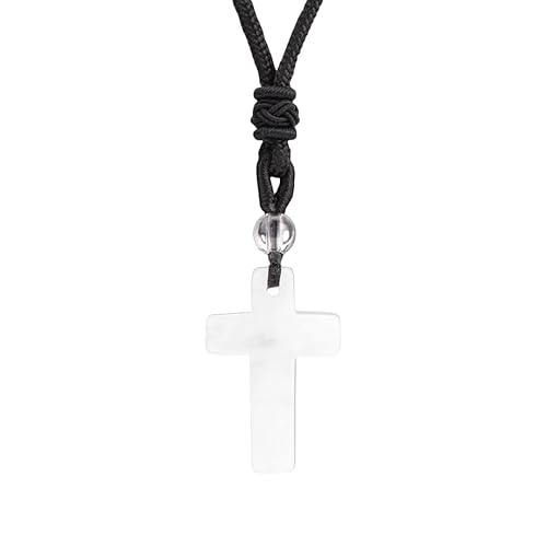 KIJSKKOPO Halskette Mit Kreuzanhänger Aus Naturstein für Männer Und Frauen, Anhänger Aus Schwarzem Labradorit Mit Reiki Kristallperlen, Verstellbares Seil, Choker Halskette, Edelsteinschmuck, Ge von KIJSKKOPO