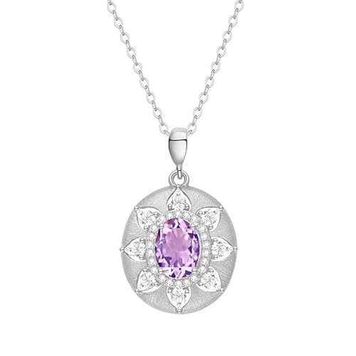 KIJSKKOPO Halsketten Aus 925Er Sterlingsilber für Damen, Retro Stil, Gebürstete Runde, Hohle Blumen, Eingelegter Ovaler Zirkonia Anhänger mit Geburtsstein, Verstellbare Halskette, Schmuck, Edels von KIJSKKOPO
