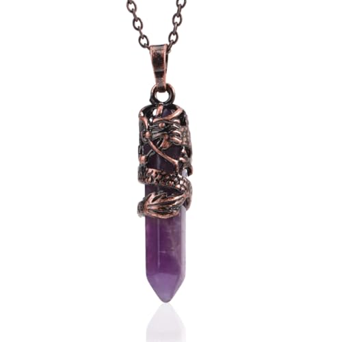 KIJSKKOPO Hexagonal Point Kristalle Stein Anhänger Halsketten Schmuck, Natürliche Reiki Amethyst Retro Loong Wrapped Energy Edelstein Chakra Anhänger Wikinger Halskette für Frauen Männer Amethyst von KIJSKKOPO