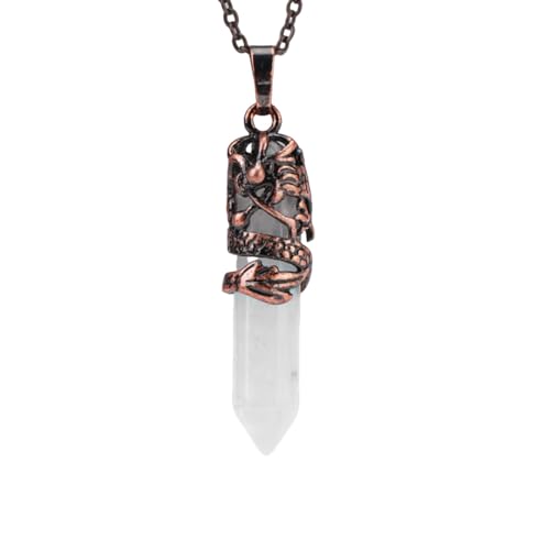KIJSKKOPO Hexagonal Point Kristalle Stein Anhänger Halsketten Schmuck, Natürliche Reiki Amethyst Retro Loong Wrapped Energy Edelstein Chakra Anhänger Wikinger Halskette für Frauen Männer Weiße von KIJSKKOPO