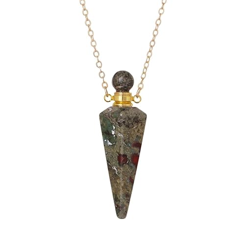 KIJSKKOPO Naturstein Kegel Parfümflaschen Halskette Gold Reiki Sechseckig Spitz 7 Chakren Ätherisches Öl Diffusor Anhänger Kristall Energie Edelstein Halskette Schmuck Mädchen Drachenblutstein von KIJSKKOPO