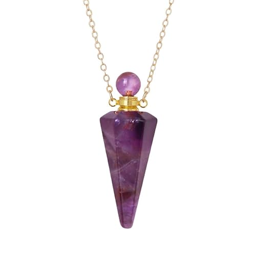 KIJSKKOPO Naturstein Kegel Parfümflaschen Halskette Gold Reiki Sechseckig Spitz 7 Chakren Diffusor für Ätherische Öle Anhänger Kristall Energie Edelstein Halskette Schmuck Mädchen Amethyst von KIJSKKOPO