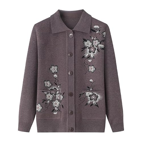 KIJSKKOPO Pullover & Strickjacken für Damen,Strickjacken für Ältere Menschen Mittleren Und Hohen Alters, Lila Reversknöpfe, Pfirsichfarbener Jacquard Strickmantel Mit Blumenmuster Und Tasche, Wa von KIJSKKOPO