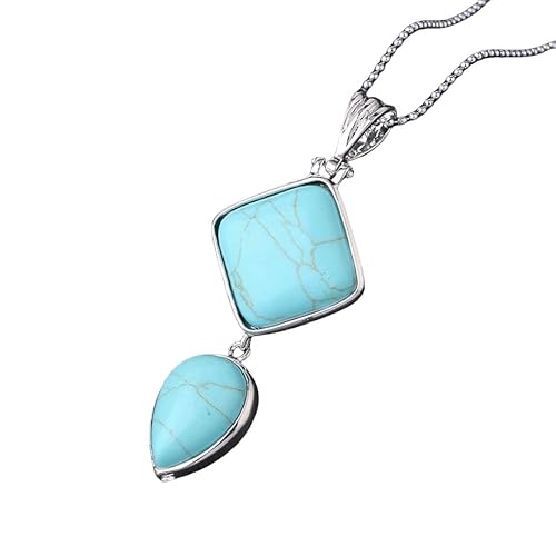 KIJSKKOPO Quadratische Halskette Mit Wassertropfenstein, Silber, Eingelegter Natürlicher Reiki Türkis, Doppellagiger Energiekristall Edelstein Anhänger, Schmuck, Stilvolles Geschenk für Fr von KIJSKKOPO