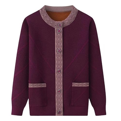 KIJSKKOPO Strickjacken für Damen,Damen Winter Strickjacken Fleece Gefüttert Senioren Strickpullover, Grün Langarm Rundhalsausschnitt Knopfleiste Streifen Strickmantel Tops Alte Dame Oma Locker Wa von KIJSKKOPO