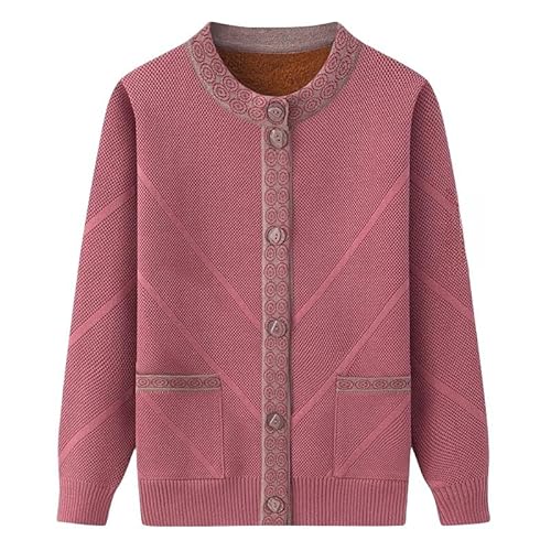 KIJSKKOPO Strickjacken für Damen,Damen Winter Strickjacken Fleece Gefüttert Senioren Strickpullover, Grün Langarm Rundhalsausschnitt Knopfleiste Streifen Strickmantel Tops Alte Dame Oma Lockere W von KIJSKKOPO