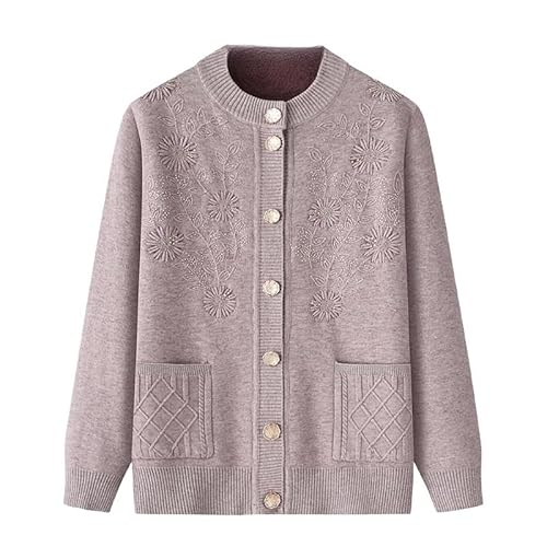 KIJSKKOPO Strickjacken für Damen,Dünner, Mit Fleece Gefütterter Strickjackenpullover für Mittleres Und Älteres Alter, Dunkelroter Rundhalsausschnitt, Button Down Häkelblumen Strickmantel Mit T von KIJSKKOPO