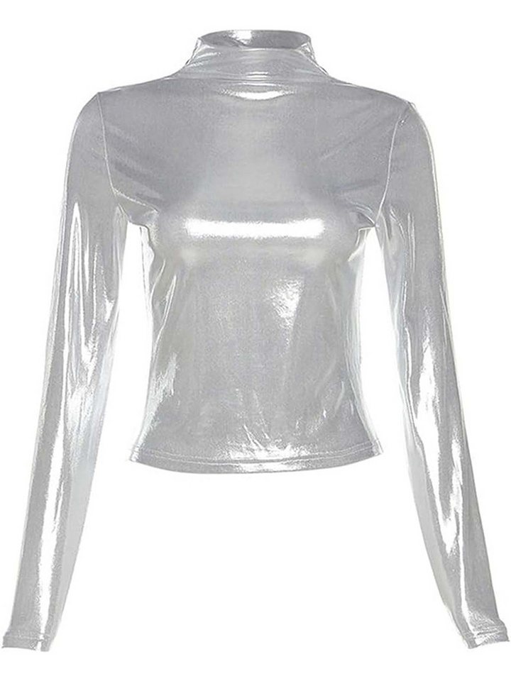 KIKI T-Shirt Damen Metallic Crop Top Kurz Oberteil Bauchfrei Slim Fit Langarm von KIKI