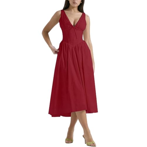 KIKIATA Emmelina Baumwoll-Korsett Sommerkleid 2024 Sommer Slim Strapse Langer Rock V-Ausschnitt Floral Korsett Kleid Schnüren Flowy Sommerkleid Maxikleid, rot, S von KIKIATA