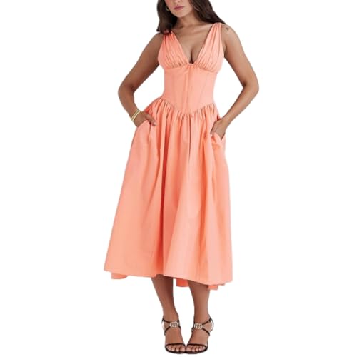 KIKIATA Emmelina Baumwoll-Korsett Sommerkleid 2024 Sommer Slim Strapse Langer Rock V-Ausschnitt Floral Korsett Kleid Schnüren fließendes Sommerkleid Maxikleid, Orange, M von KIKIATA