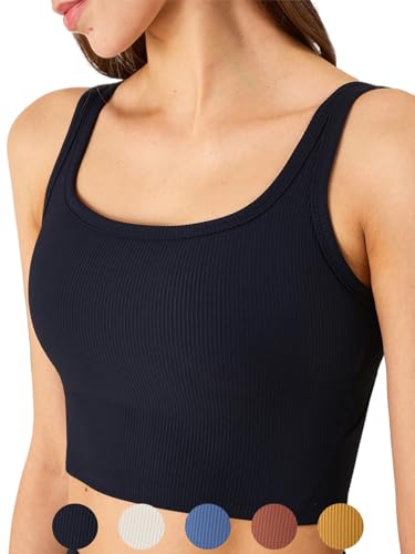 KIKIWING Damen Nahtloser Sport-BH Workout Crop Top Tank Tops für Frauen Lang Gefüttert Sport BH Gerippt Crop Top Fitness, Schwarz, X-Large von KIKIWING