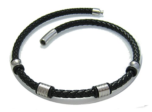 Kikuchi Herren Damen Jungen Lederhalsband Halskette Geflochten Schwarz 4x Edelstahl Beads 42cm HA15104 von KIKUCHI JEWELRY