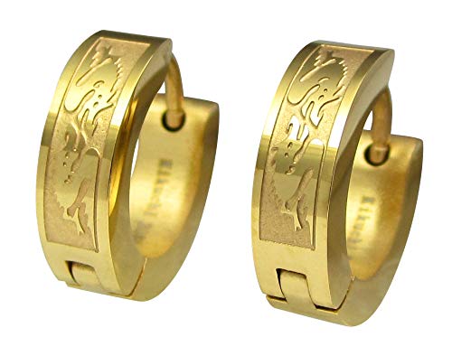 Paar Herren Titan Stäbchen Ohrringe Edelstahl Creolen Männer Ohrstecker Drachen ERTS003 (gold glänzend) von KIKUCHI JEWELRY